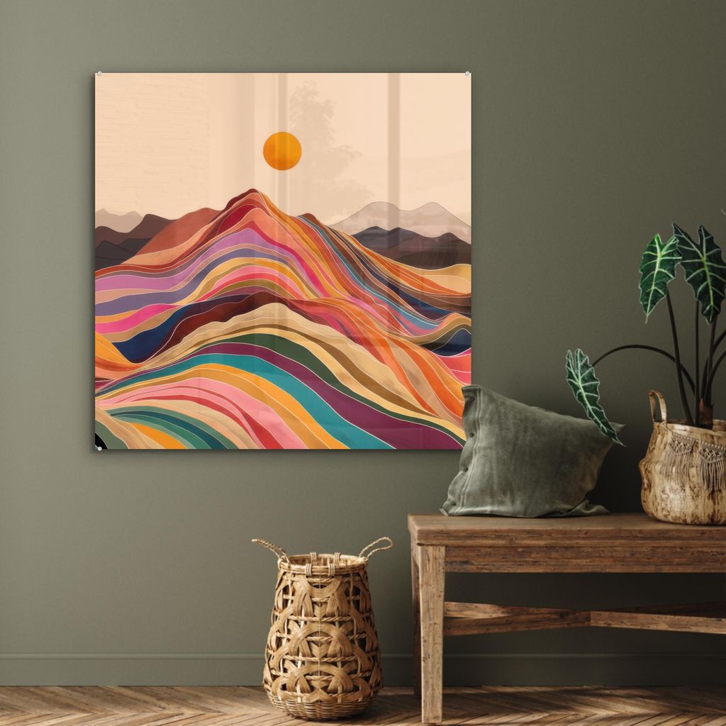 MuchoWow Glasbilder - Bilder auf Wandbild - Foto auf Glas Sonne - Bunte Landschaft - Berge 90x90 cm Wanddekoration aus Glas - Acrylglasbild - Acryl...