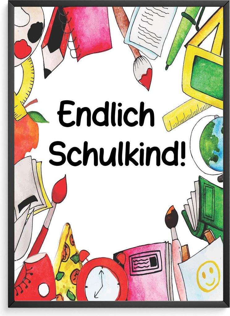 Einschulung Geschenk Jungen Mädchen Schulkind Einschulungsposter Schulanfang – DIN A4 + Rahmen schwarz