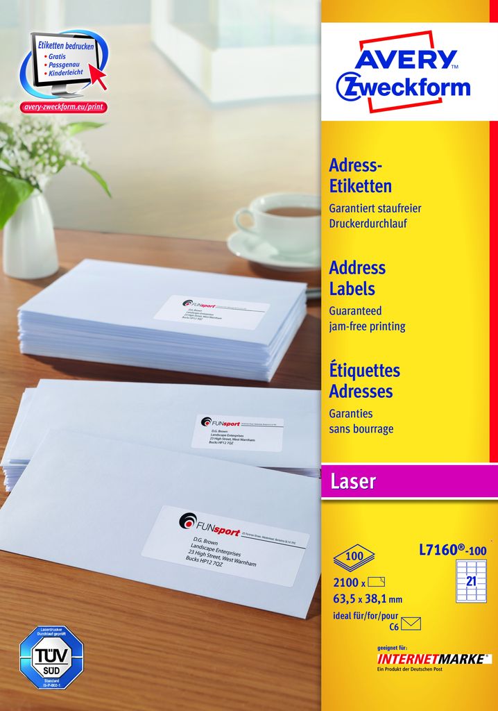 Avery Zweckform L7160-100 Adress-Etiketten, 63,5 x 38,1 mm, Geeignet für Deutsche Post INTERNETMARKE, 100 Blatt/2.100 Etiketten, weiß