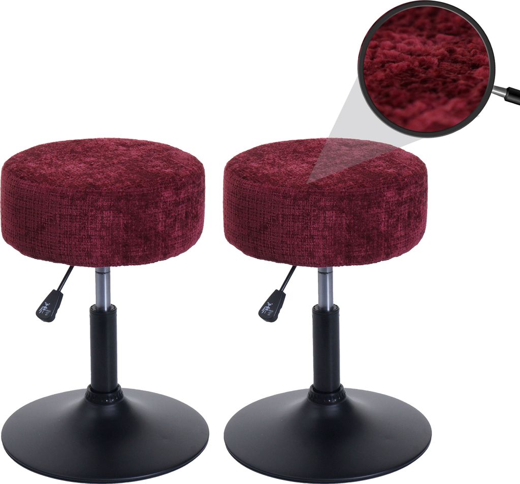 2er-Set Hocker HWC-C22, Sitzhocker, höhenverstellbar drehbar Ø 37cm Stoff Chenille (465g/m²) bordeaux