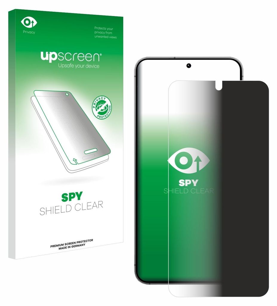 A product package for a screen protector is shown next to a smartphone with the screen protector applied.