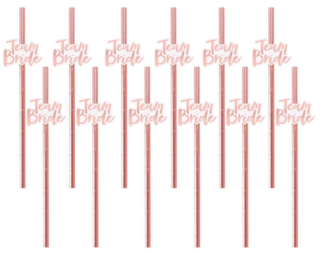 12er-Pack Strohhalme mit Team-Braut-Motiv, Buchstaben-Design, roségoldene Verzierung, gerade, ideal als Foto-Requisiten für Junggesellinnenabschi...
