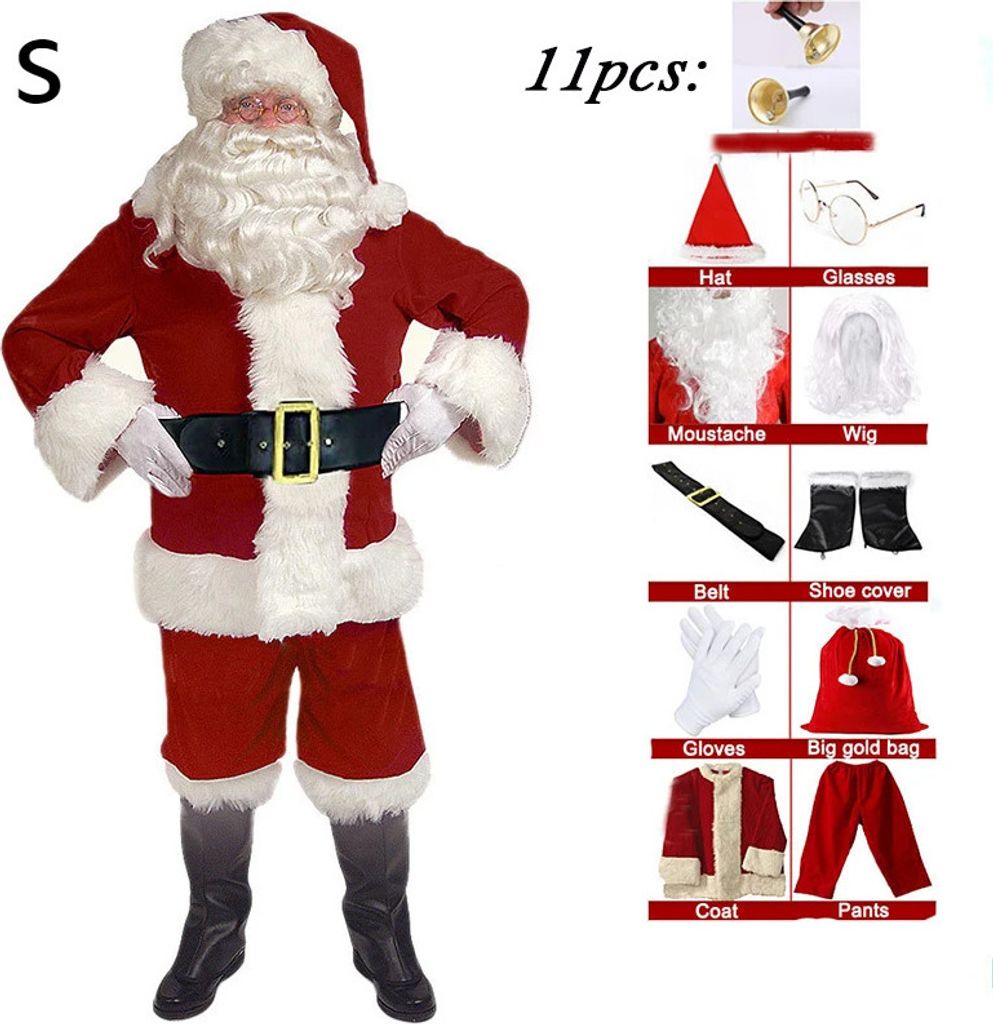 11 Stück Santa Claus Cosplay Kostüm Weihnachten Neue Jahr Männer Kostüme Deluxe Klassische Erwachsene Set Karneval Party RolePlay Anzüge, rot , S