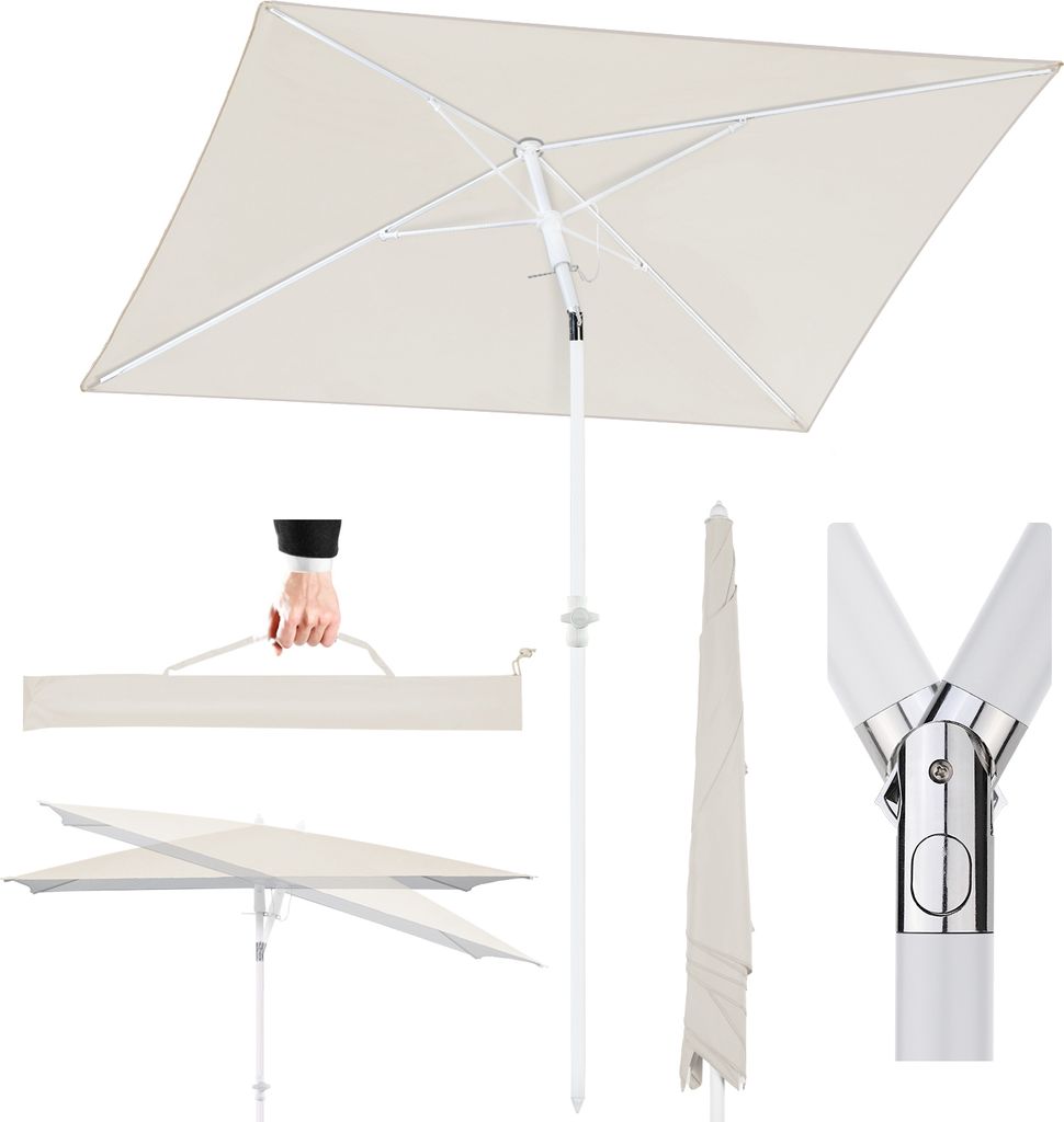 A collage of images showing a beige rectangular patio umbrella in various states: open, folded, and with a close-up of its mechanism. A hand is shown holding the folded umbrella by its handle.