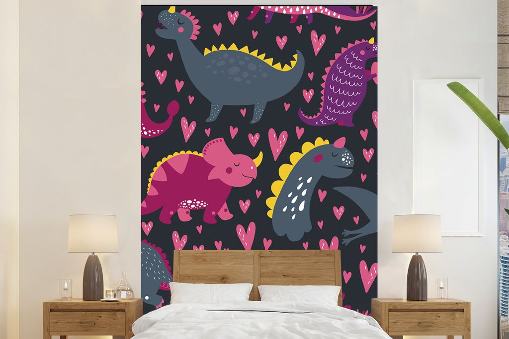 MuchoWow Fototapete für Wohnzimmer oder Schlafzimmer Wandtapete Vinyl Motivtapete Dinosaurier - Kind - Muster - Rosa - Mädchen - 155x240 cm - K...