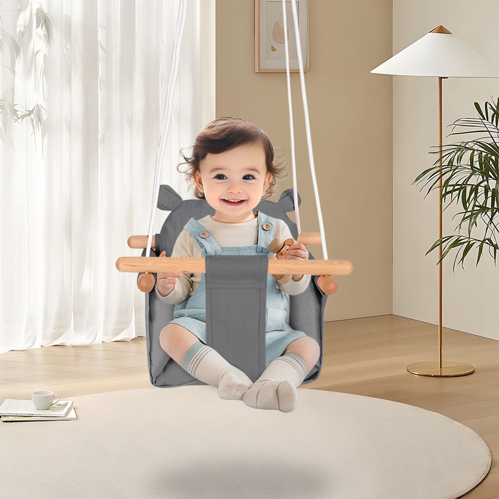 Babyschaukel Kinderschaukel Schaukel Indoor und Outdoor Holz Stoff Babysitz Kleinkinderschauke zum Aufhängen grau