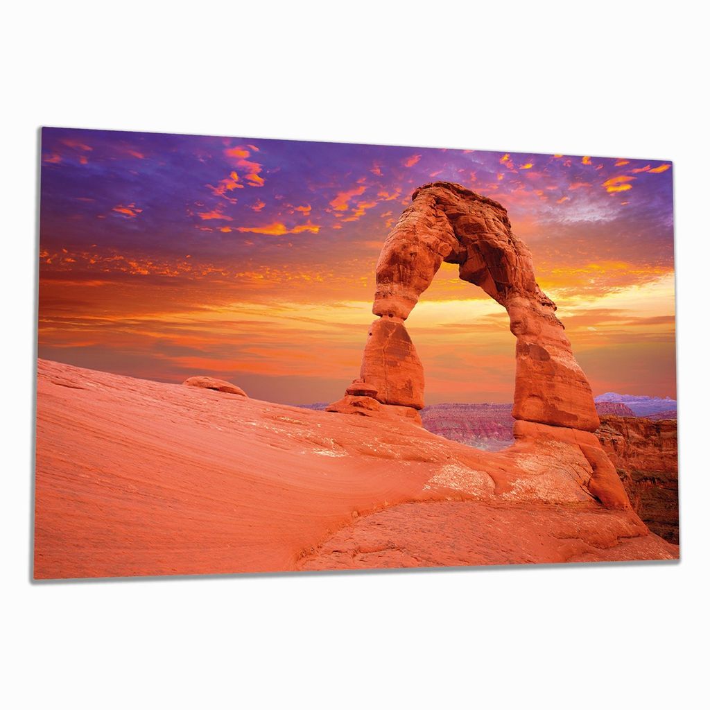 Wallario Herdabdeckplatte aus Glas, Größe 90 x 52 cm 1-teilig, Motiv Steinbogen vor einem farbenfrohen Himmel in lila-rot