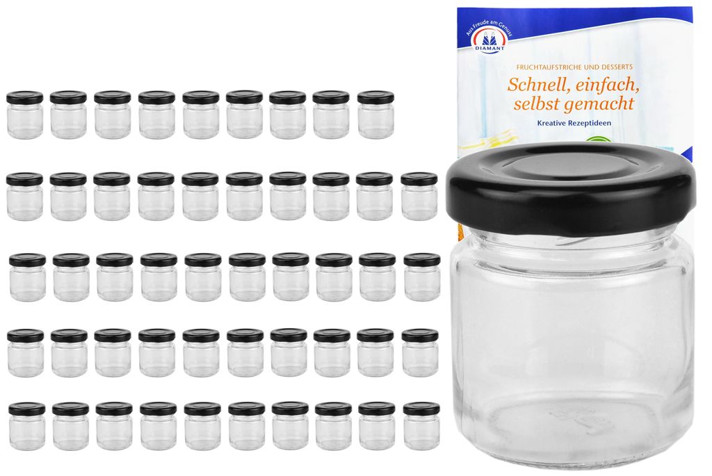 50er Set Mini Sturzgläser 53 ml To 43 schwarzer Deckel Produktbild 