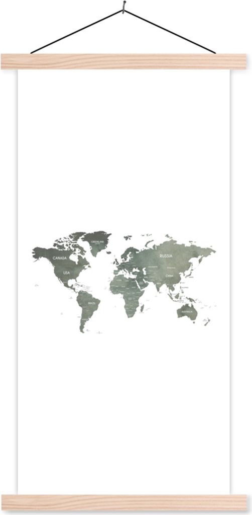 MuchoWow Textilposter Weltkarte - Grün - Weiß 60x120 cm mit holzfarbenen Rahmen - Holz