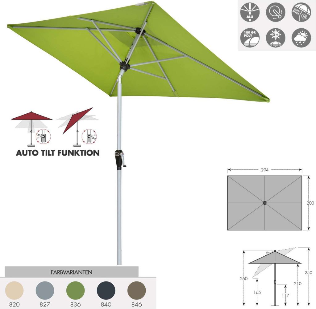 Doppler Active Auto Tilt 200 x 300 cm Sonnenschirm 5 Farben Mittelmastschirm 461437 827 Hellgrau