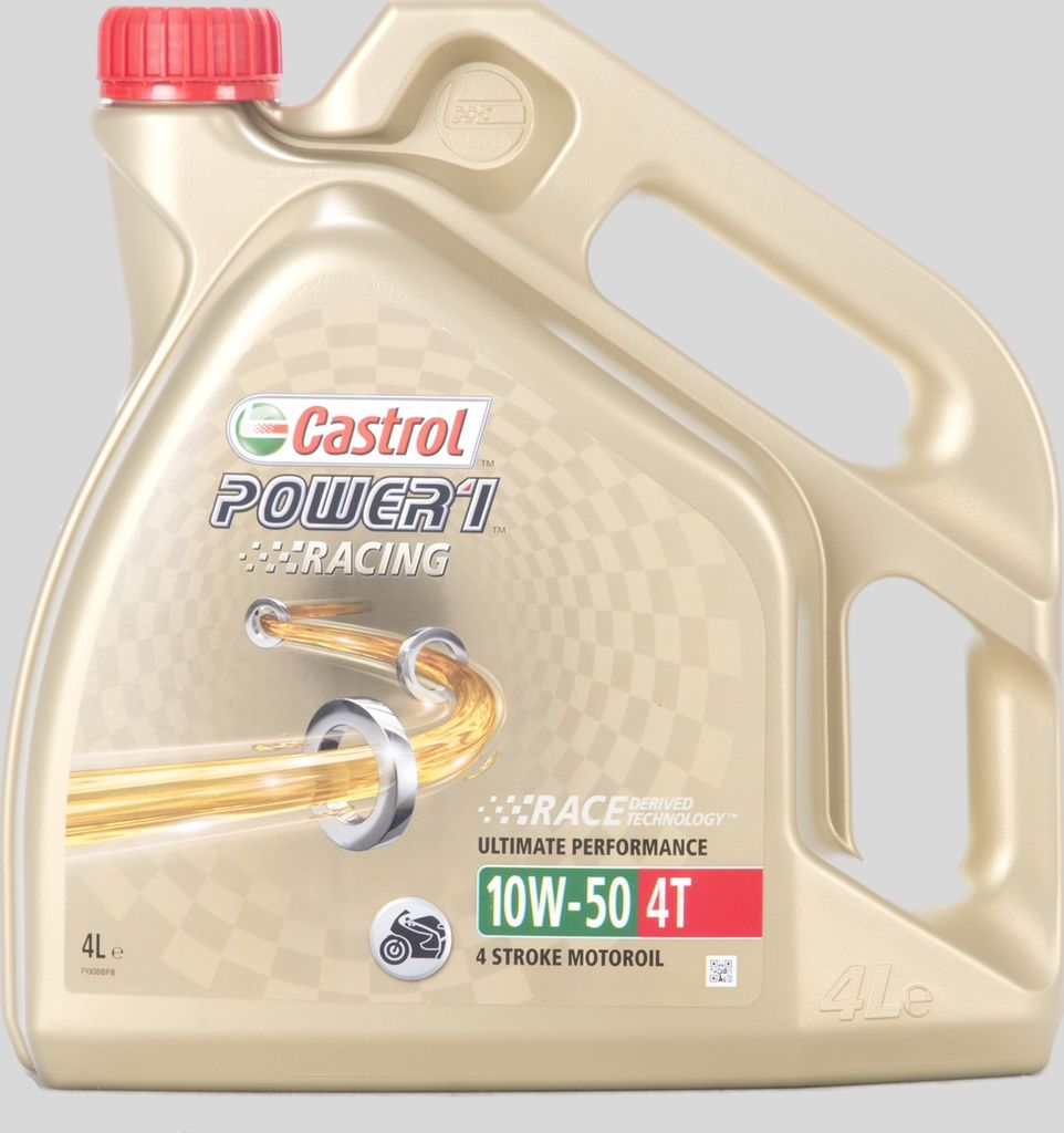 A product shot of a bottle of Castrol Power 1 Racing 4T motor oil.