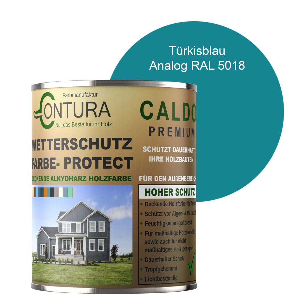 Contura 500ml Wetterschutzfarbe Holz Dauerschutzfarbe Deckend Buntlack Holzfarbe Holzlasur Seidenmatt - Türkisblau - RAL 5018 Analog