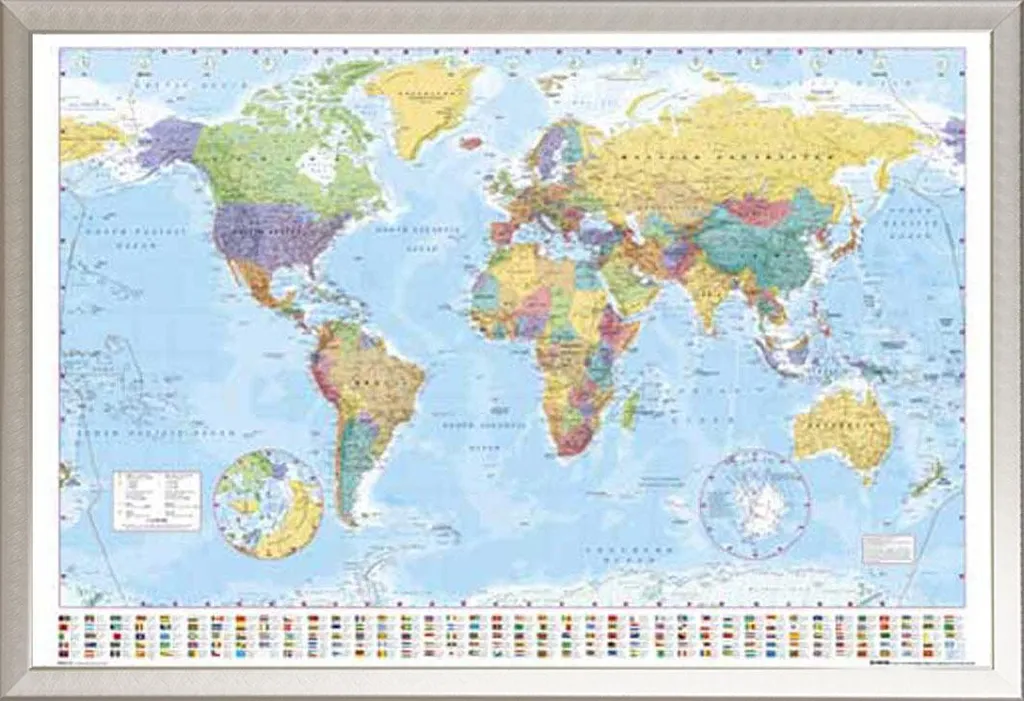 Carte du monde politique v3 Poster Shinsuke® Cadre Alu Argent 61x91,5 cm