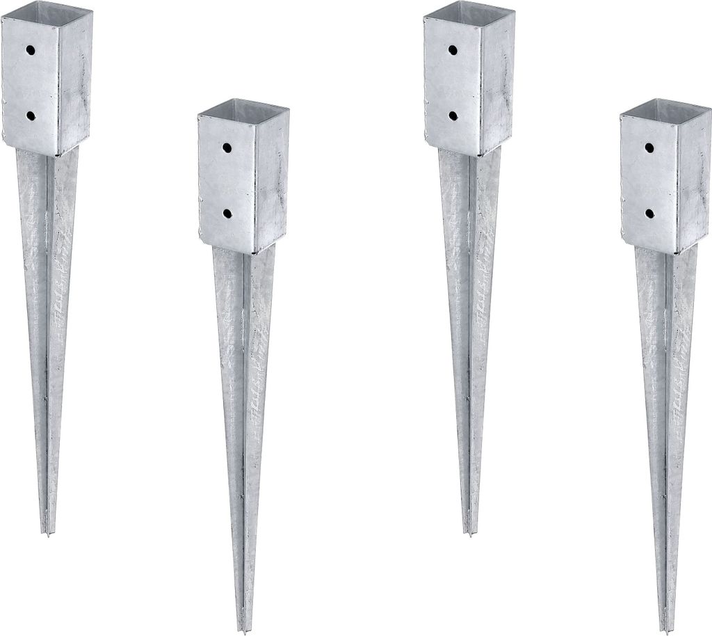 Four metal ground spikes with square tops, arranged in a row against a white background.