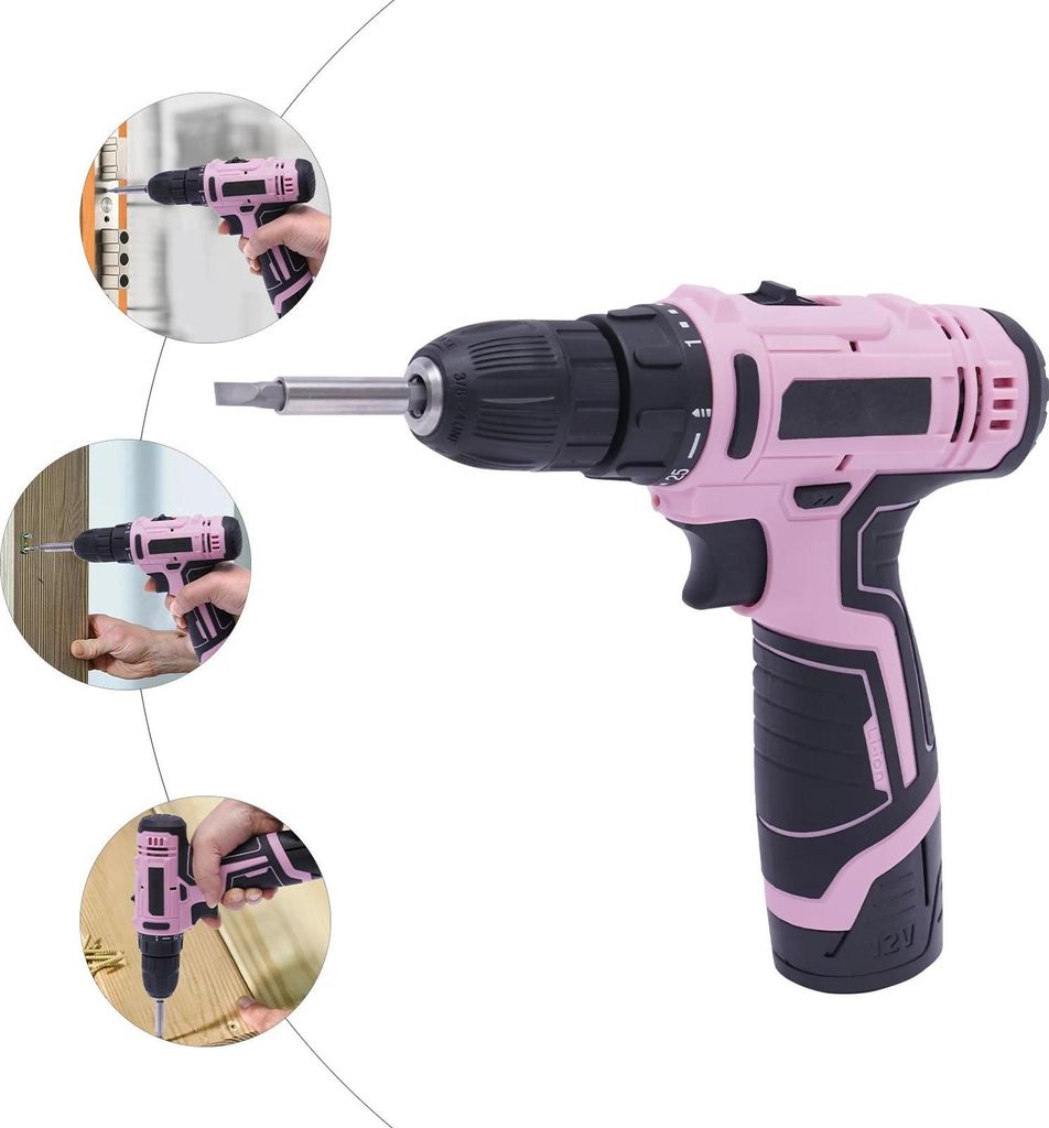Akkubohrmaschine, 21-teiliges 12V Set, 3/8'' Bohrfutter, Pink, Li‐Ion‐Akku, für Holz/Metall und DIY-Projekte