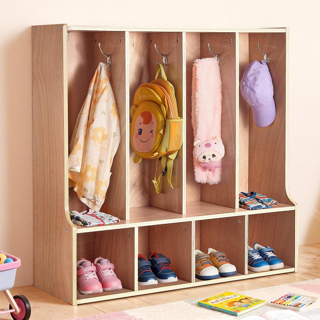 VEVOR Offener Kinderkleiderschrank aus Sperrholz, Kindergarderobe mit 8 Haken & 8 Fächern (4 Groß + 4 Klein), Garderobenregal & Aufbewahrungsrega...