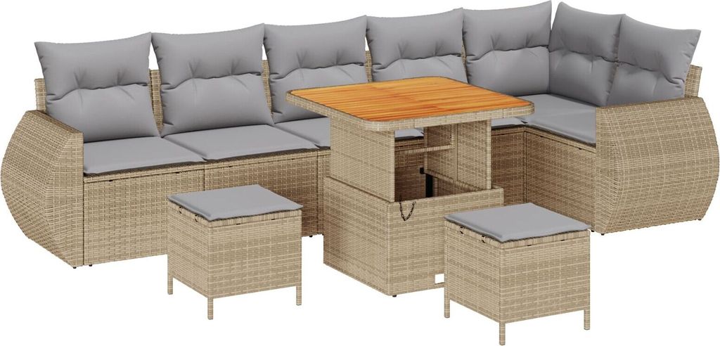 Möbel 9-teiliges Garten-Sofa-Set mit Kissen in beigem Poly-Rattan Akazien, 3-teiliges Garten-Ess-Set mit Kissen in beigem Poly-Rattan Akazien - Ga...