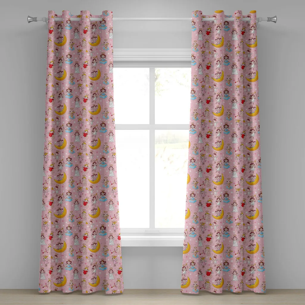ABAKUHAUS Tenda con occhielli Engel, fate che suonano musica, alone luminoso, creature soprannaturali, tema camera dei bambini, tende decorative a 2 pannelli, 280 cm x 245 cm, giallo terra e rosa chiaro