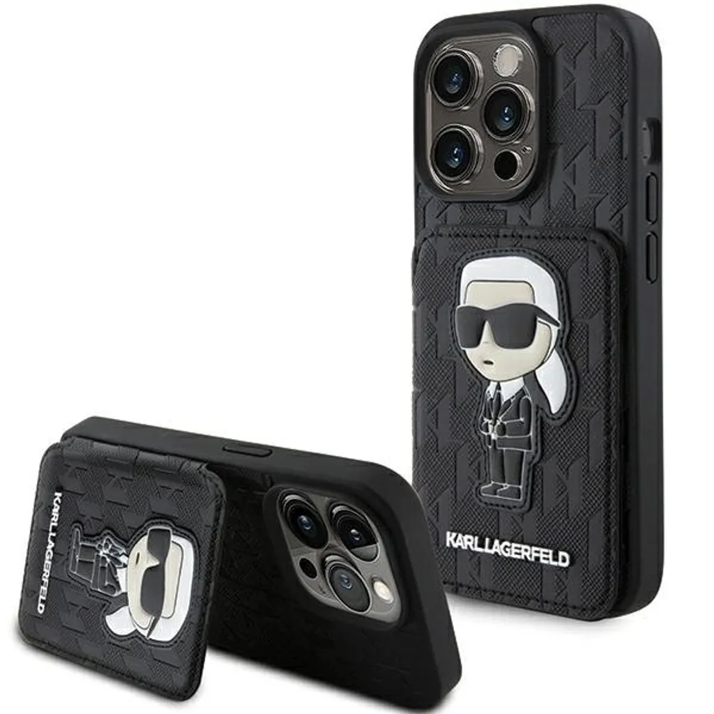Karl Lagerfeld Klhcp15Lsakknsck Custodia rigida per Iphone 15 Pro 6.1 Czarny/Nero Saffiano Cardslots E Stand Monogram Ikonik Patch