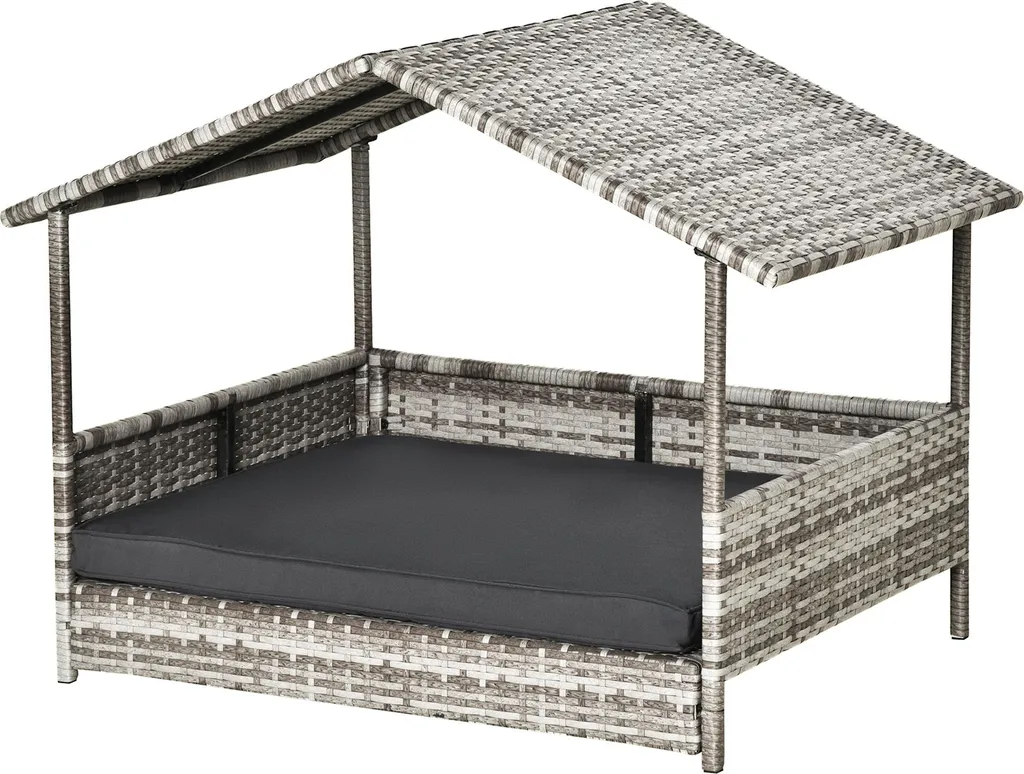 Niche d'extérieur en rotin pour chien avec coussin moelleux, lit gris