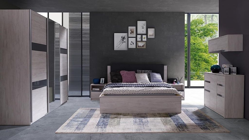 Modernes Schlafzimmer-Set DUSTIN mit Boxspringbett, Schrank, Kommode und Regal – Eiche Weiß & Weiß glänzend