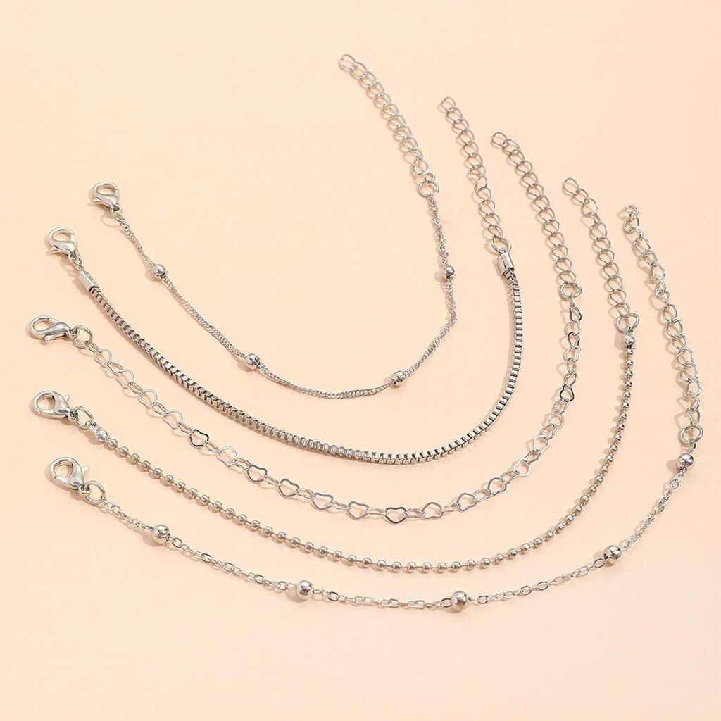 5er Armband Set Silber – Filigrane Damen Armkette mit Herz & Perlen Design, J0670