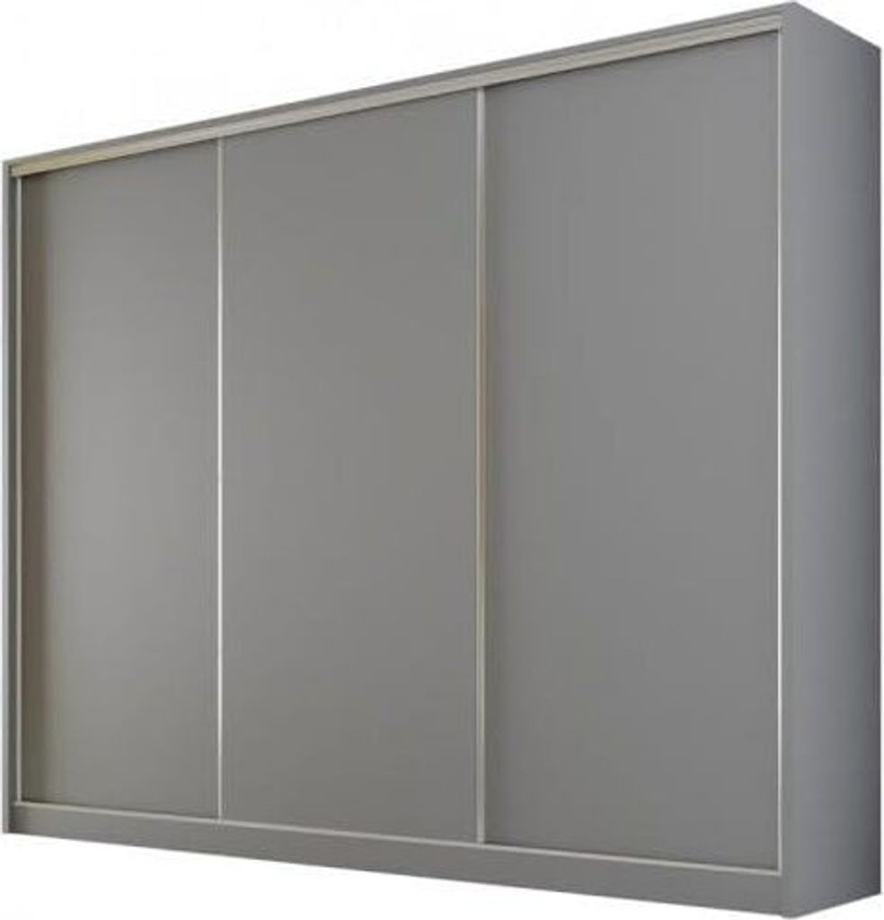 A three-door sliding wardrobe in a neutral gray color.