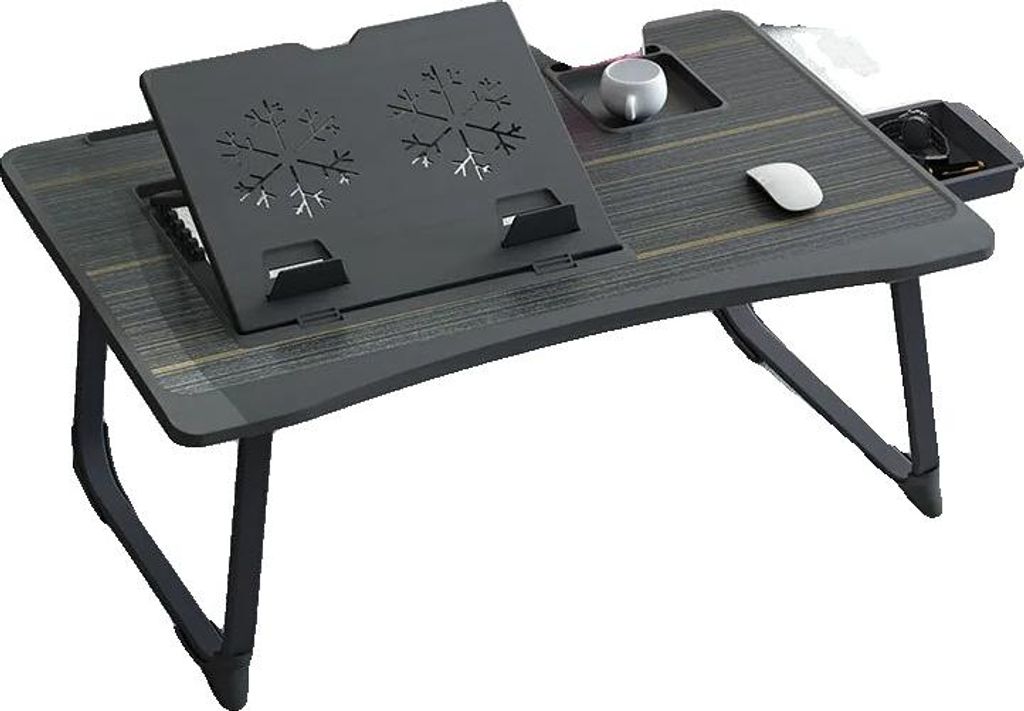 A black, foldable laptop table with a built-in stand, cup holder, and drawer, shown on a white background.