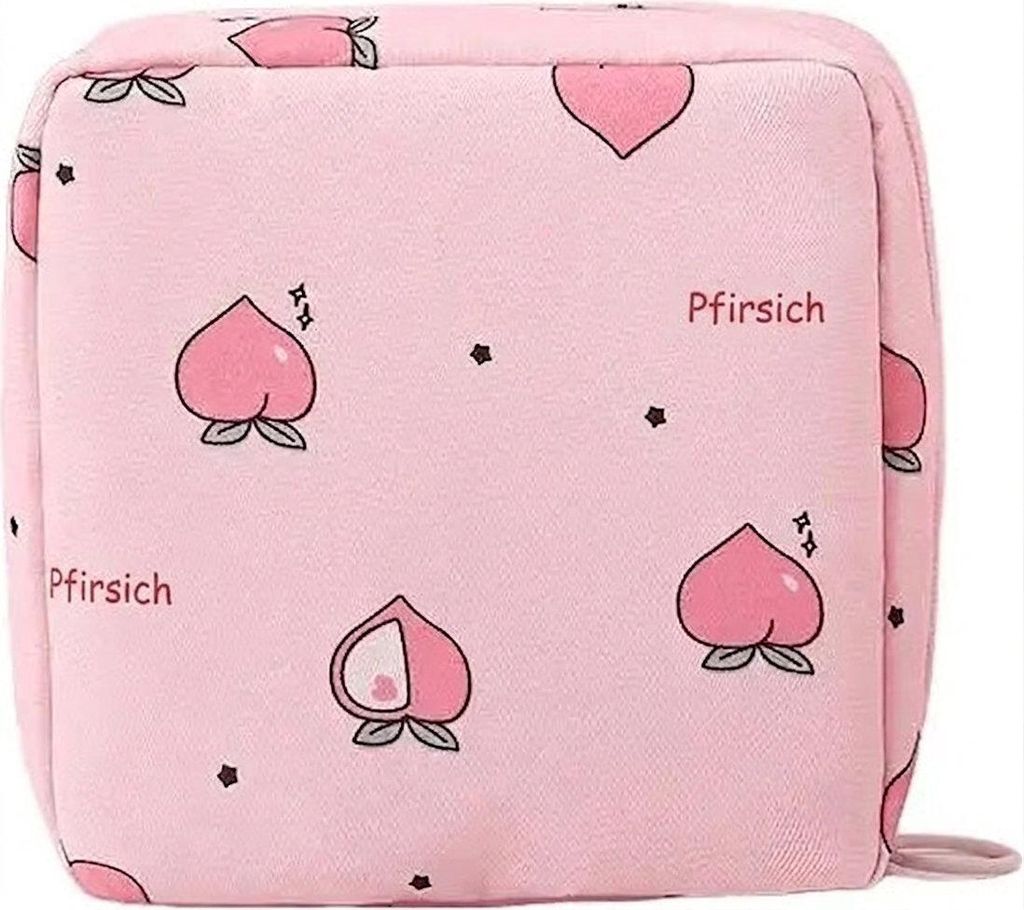 Rosa quadratische Tasche mit sich wiederholendem Muster aus Cartoon-Pfirsichen und kleinen schwarzen Sternen