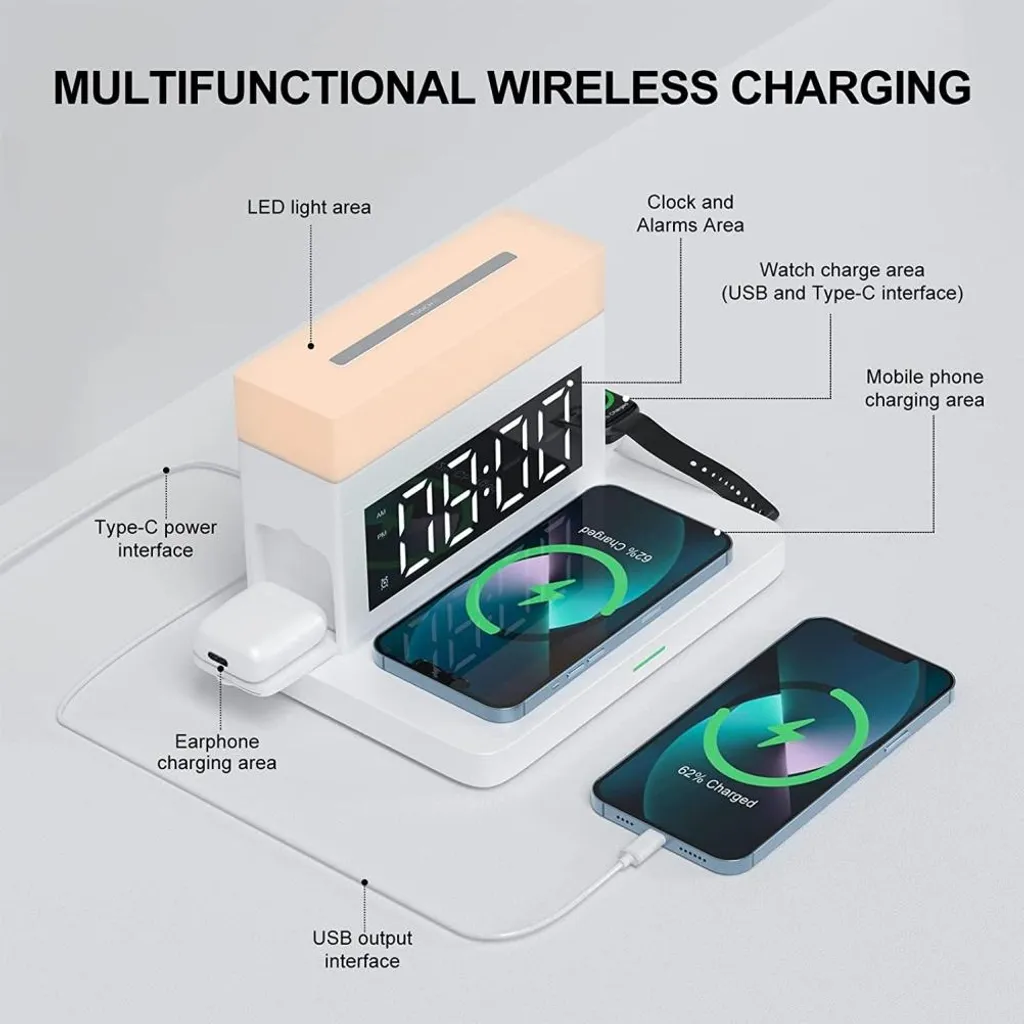 Réveil Chargeur sans fil 6 en 1 pour Table de Chevet : iPhone et Samsung 18W