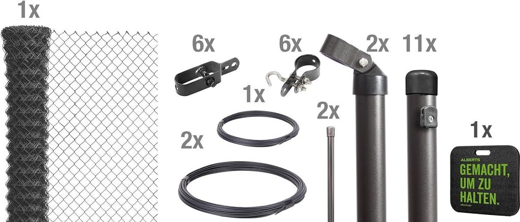 A collection of fence components and accessories, including a roll of mesh wire, various connectors, poles, and a warning sign.