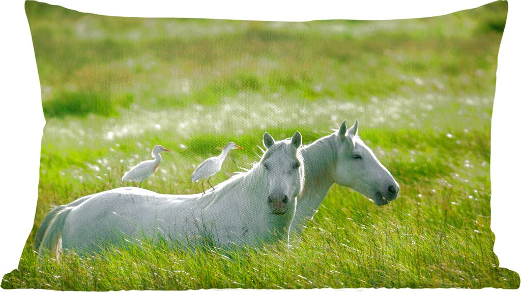 MuchoWow Zierkissen Sofakissen Wohnzimmer Dekokissen 50x30 cm Pferde - Vogel - Gras - Wohnzimmerdekoration - Polster mit Photo