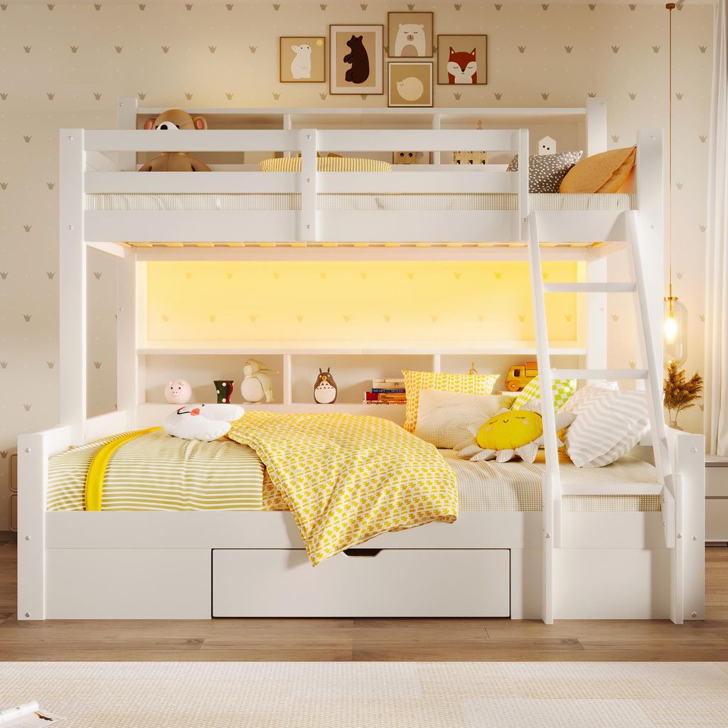 Etagenbett, 90×200 & 140×200 cm, mit Leiter, Bettgitter, Produktbild 