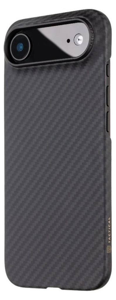 A black carbon fiber textured phone case with a camera cutout is shown from a side angle.