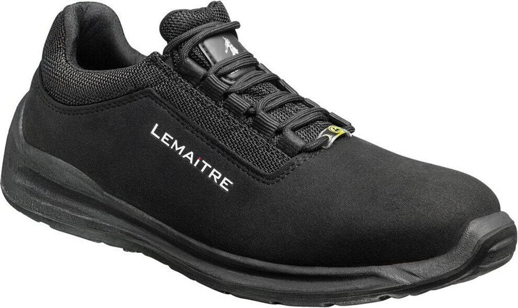 A black safety shoe is shown against a white background.