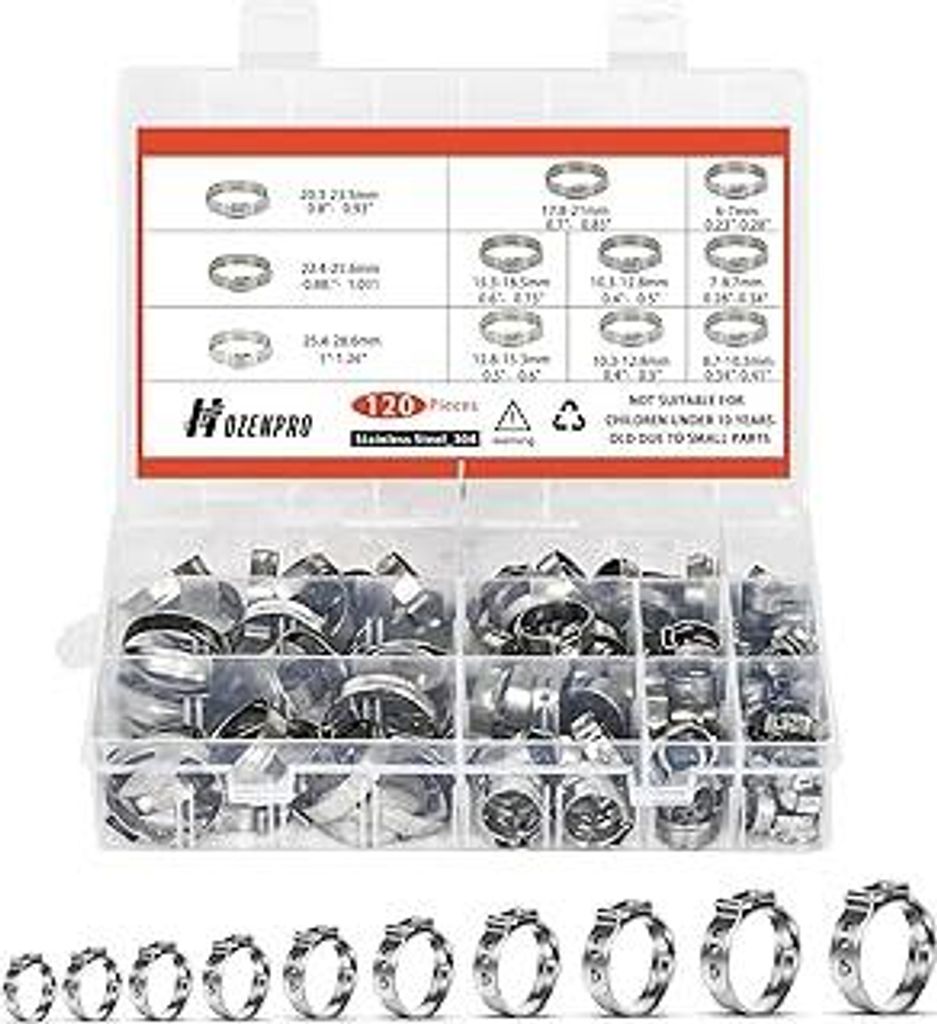 120 Stück Einzelohr-Schlauchklemmen, 10 Größen 6-28,5mm 304 Edelstahl Quetschklemmen-Set, Stufenlose Klemmen zum Sichern von Rohrschläuchen und...