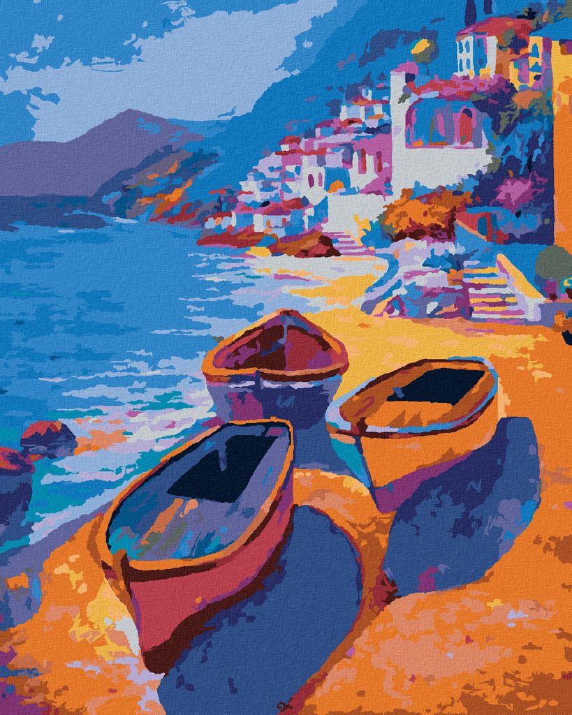 Zuty - Malen nach Zahlen - BUNTE BOOTE AM UFER, 40x50 cm, ohne Keilrahmen