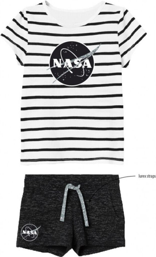 Kurzes Mädchen-Bekleidungs-Set NASA Design | Schwarz-weiß gestreiftes Oberteil, graue Hose, 116