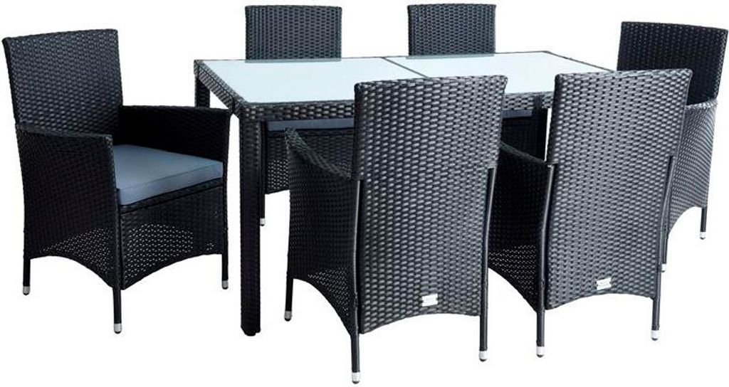 A black poly-rattan dining set with a glass tabletop and gray cushions, set against a white background.
