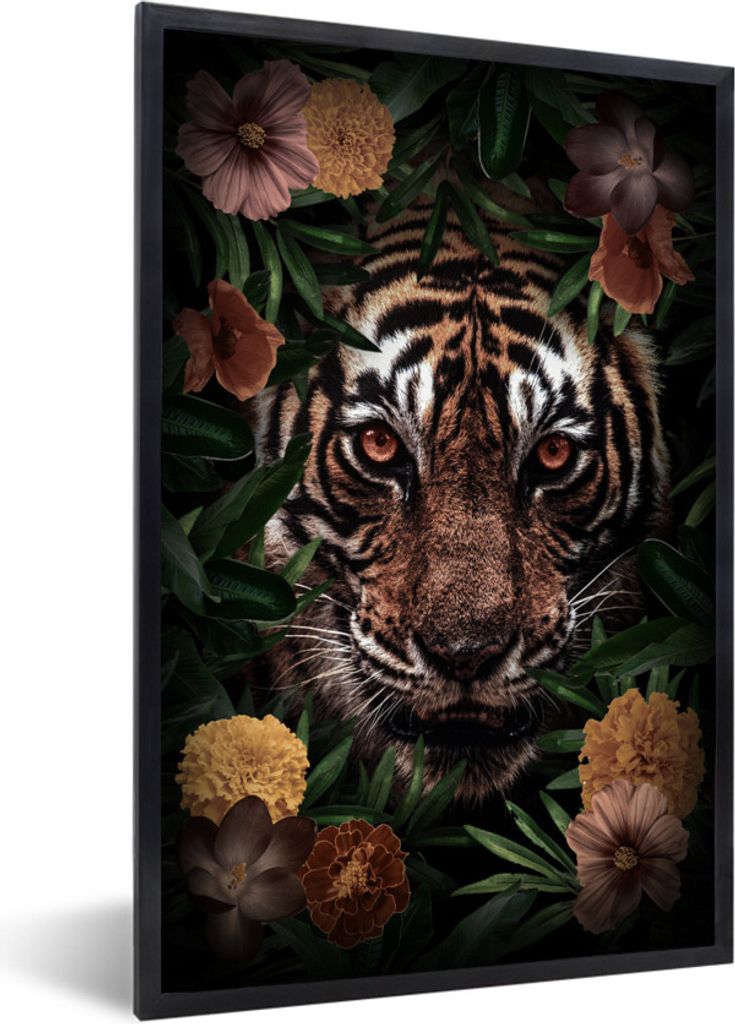 MuchoWow MuchoWow Gerahmtes Poster Tiger - Braun - Blumen 20x30 cm - Poster mit zchwarzem Bilderrahmen - Drucken - Bilder Poster im Rahmen