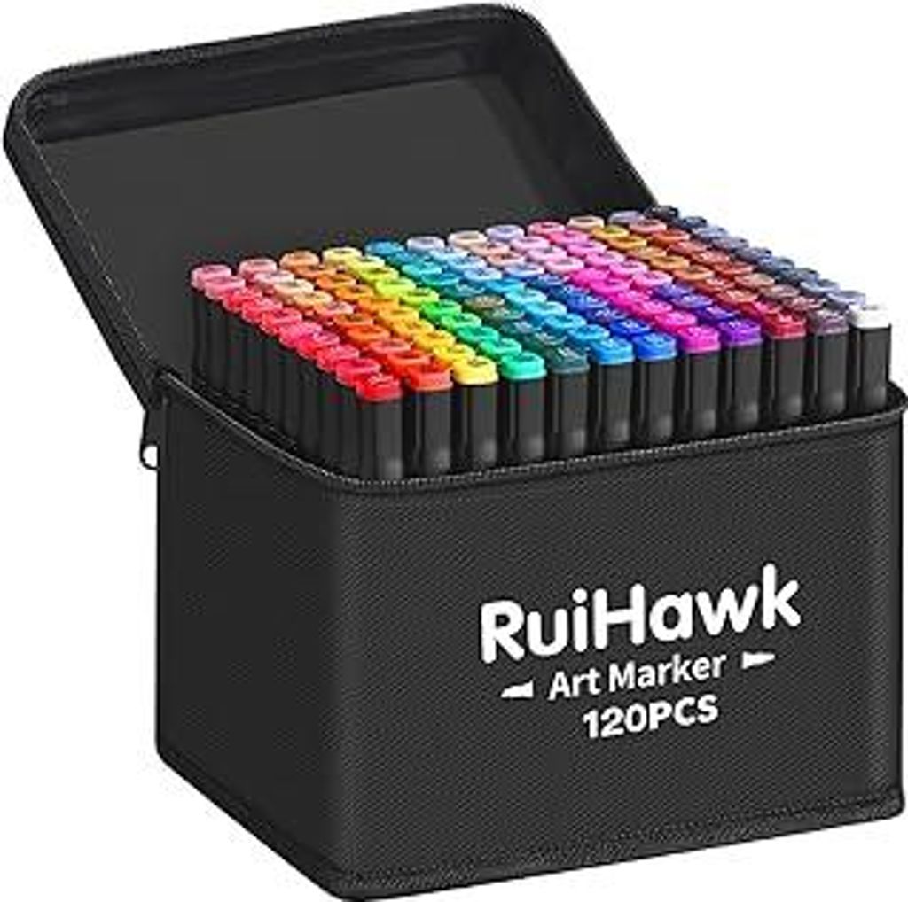 RuiHawk Filzstifte Marker Set, 120+2 Farben Alkohol Marker mit Feinspitze & Breitspitze, 2-Sekunden Schnelltrocknend, Alkohol Stifte mit Anti-Seepa...