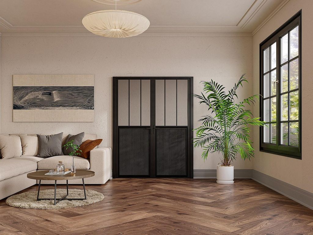 Komplette 2-flügelige Doppeltür aus Aluminium und gehärtetem Glas im Industriestil - 2 x H 204 x B 93 cm - Schwarz - ERMELO