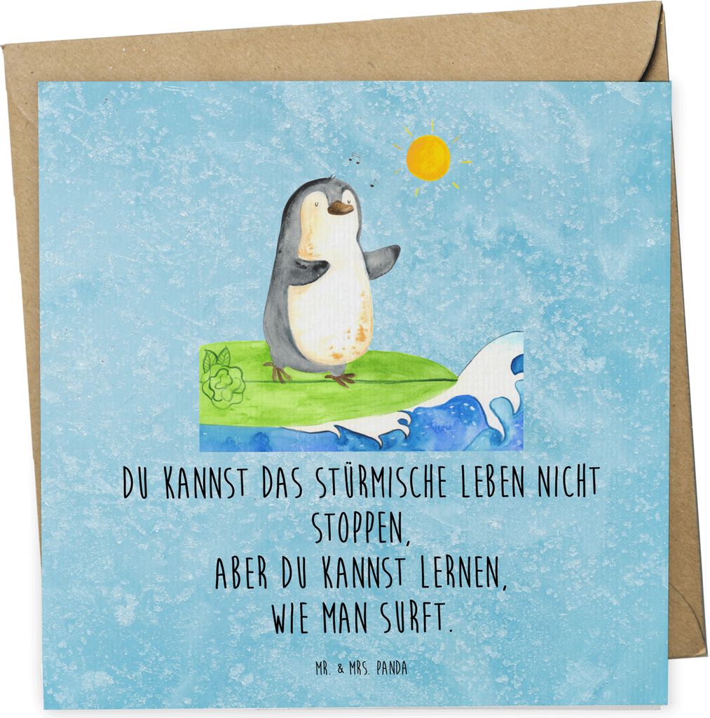 Mr. & Mrs. Panda Grußkarte Pinguin Surfer - Eisblau - Geschenk, doppelkarte, Optimistisch, anlasskarte, Glückwunschkarte, Klappkarte, Urlaub, Por...