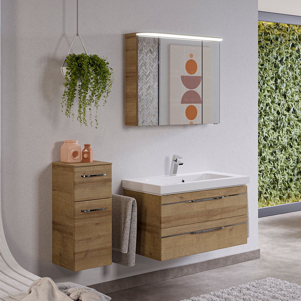 Badezimmermöbel Set, Spiegelschrank mit Beleuchtung, Waschtisch inkl. Waschbecken, Badkommode, Riviera Eiche quer Nb. BUDVA-66, B/H/T ca. 137/200/...