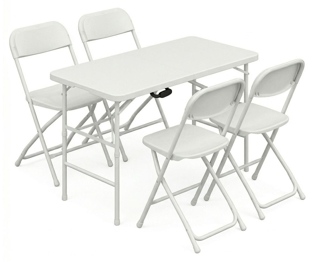 Essence + Purity - Tisch-Set mit 4 klappbaren Gartenstühlen für Terrasse, Camping, Picknick und Partys aus weißem Harz