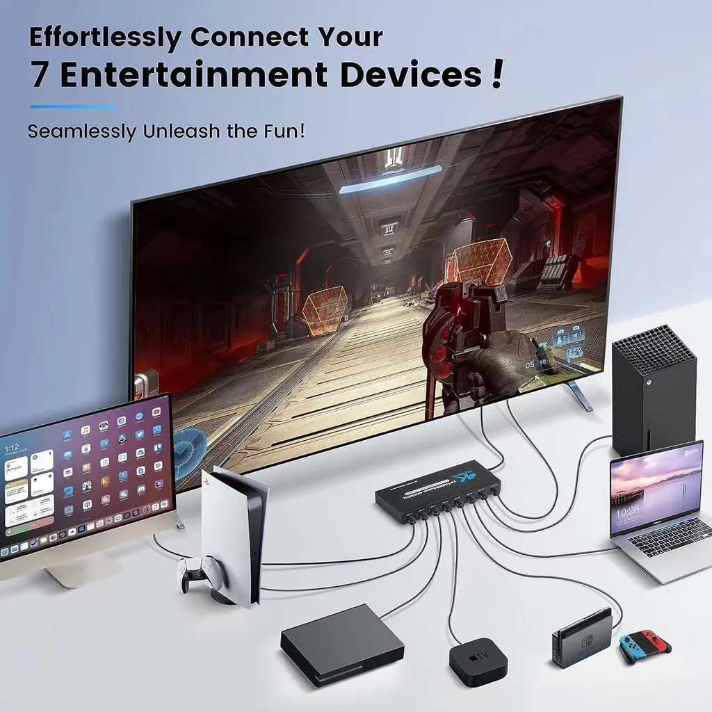 Switch HDMI 4K 60Hz 7 Ports avec Télécommande pour Lecteur DVD et Gaming