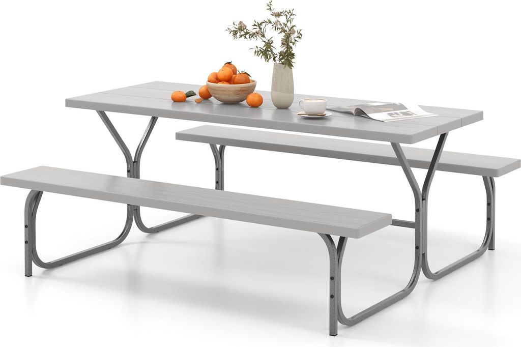 Set aus Picknicktisch & Bänken für 8 Personen, Outdoor-Campingmöbel mit Metallrahmen, wetterfester Tischplatte & Schirmloch, Gartentisch mit Sitzen