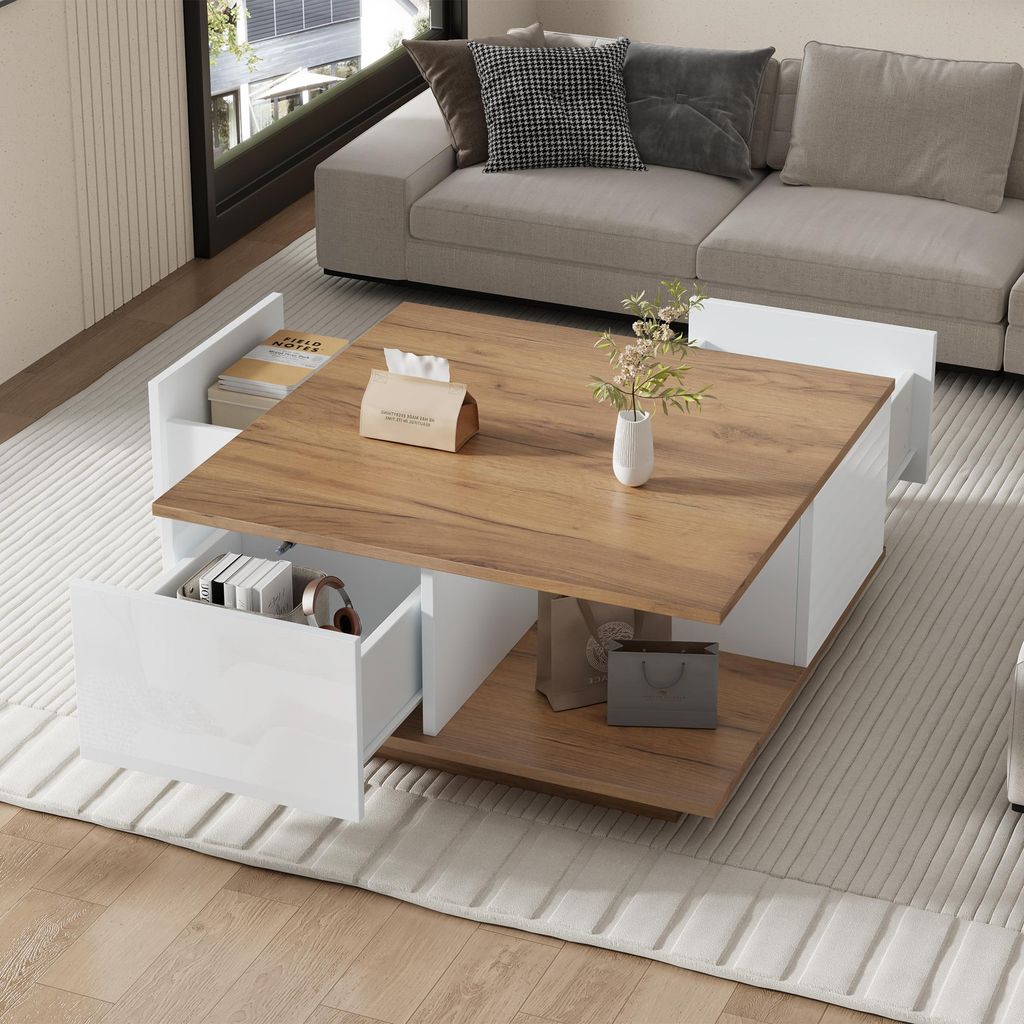 Merax Couchtisch mit 3 Schubladen, Hochglanz Sofatisch mit