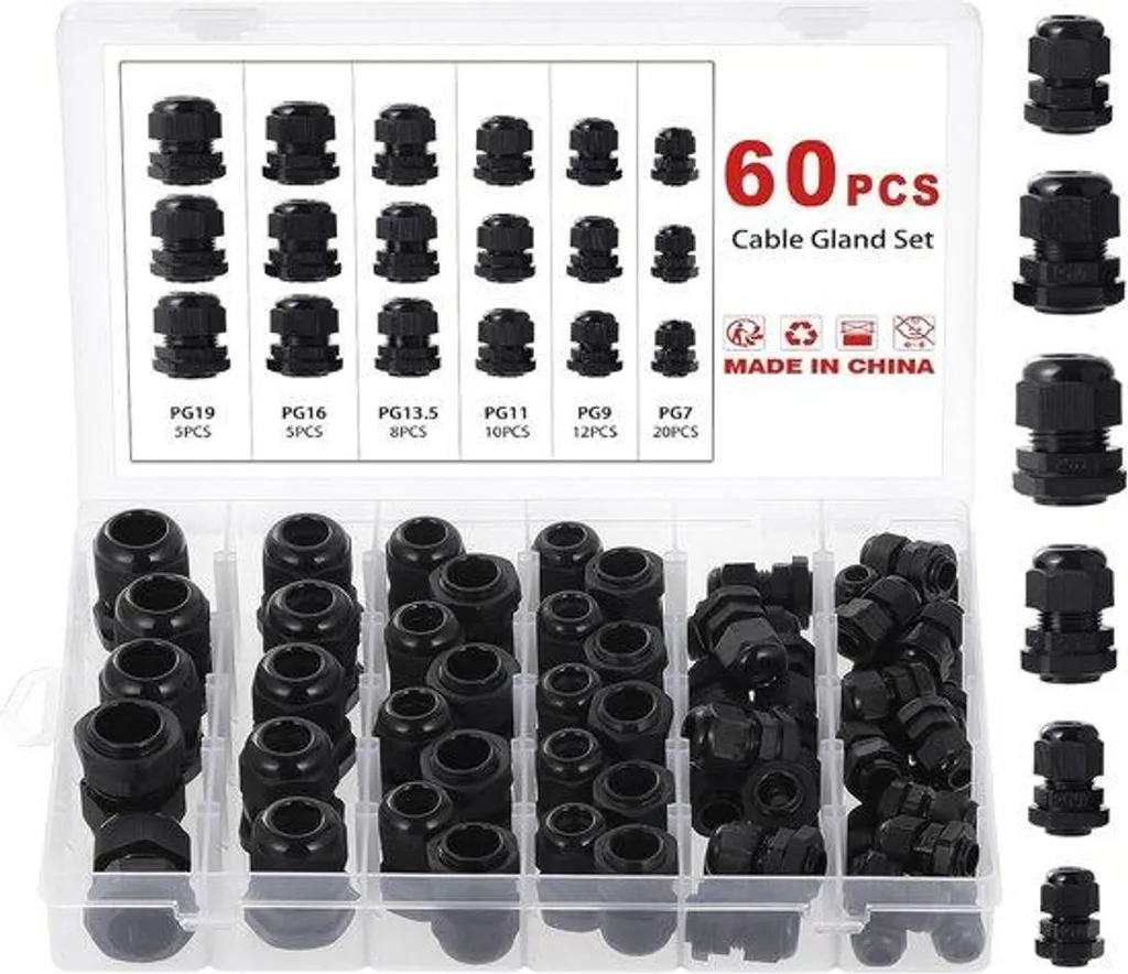 Presse-étoupe étanche IP68 en nylon noir, lot de 60 pièces M12 à M25