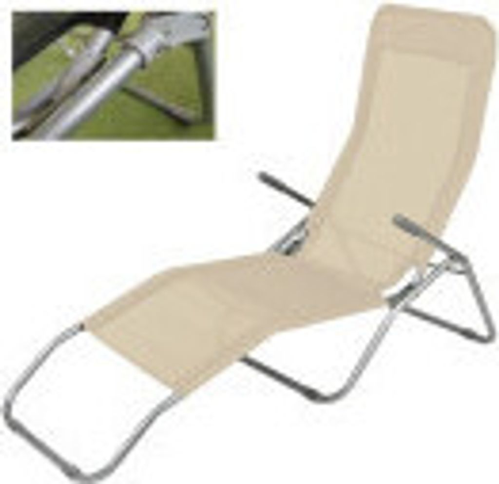 A beige chaise lounge chair with a silver metal frame, shown from a slightly elevated side angle.